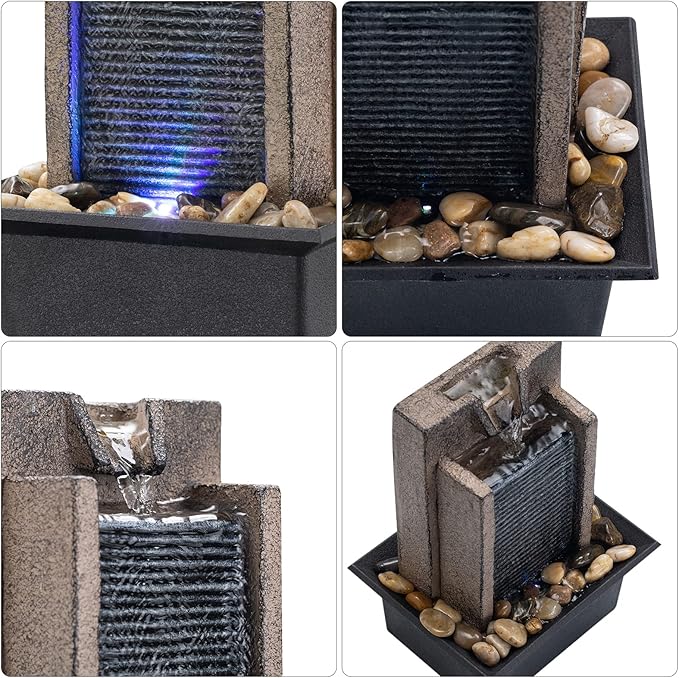 Amootek Tabletop Fountain Relaxing Tabletop Waterfall Fountain with Natural River Rocks & Color-Changing LED Lights - Indoor Zen Office/Home Decor Water Feature, 6.3"x 5.12"x 8.66"