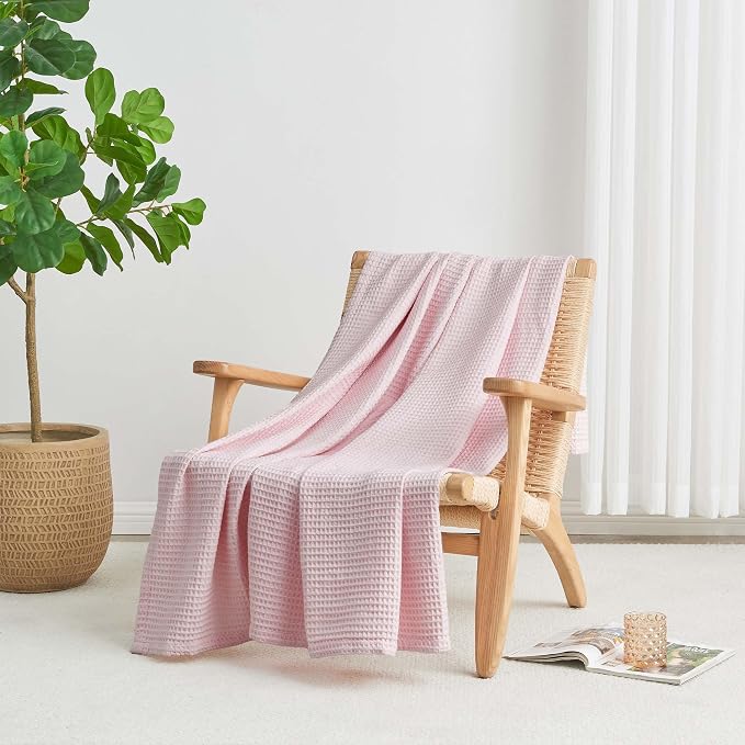 100% Cotton Pink Blanket Full/Queen Size for Bed - Breathable and Soft, Waffle Weave for Summer Spring, 90x90 Inches (Blush)
