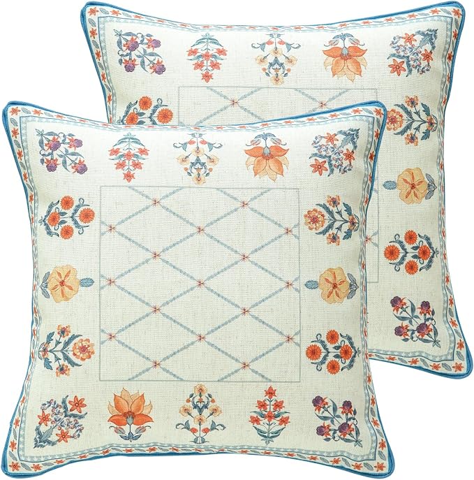 ISAENNE Linen Square Throw Pillow Cover,Set of 2,18"x18"-Floralsea B | Designer French Elegant Pillow Cover,Concealed Zipper Design,Sofa,Bedroom,Living Room,Lounge Chairs,All Season Home Decor