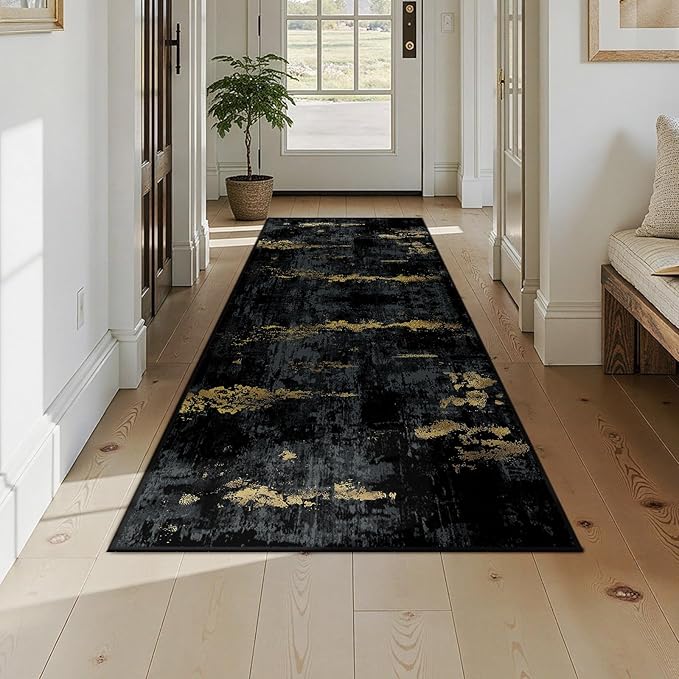 RELEANY Washable Area Rugs 3x8 Non-Slip Modern Abstract Soft for Living Room Entryway Bedroom Nursery, Print Pattern, Dark Black Gold