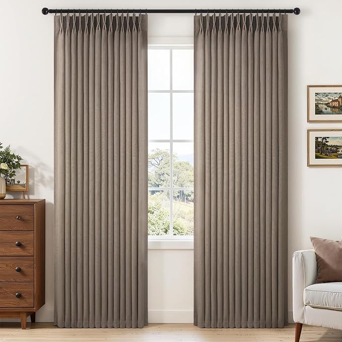 Dark Flax Pinch Pleated Linen Curtains 84 Inch Long 2 Panels for Living Room Bedroom Country Farmhouse Thick Linen Textured Semi Sheer Back Tab Pinch Pleat Hooks Rings Window Curtain Brown Mocha 7 FT