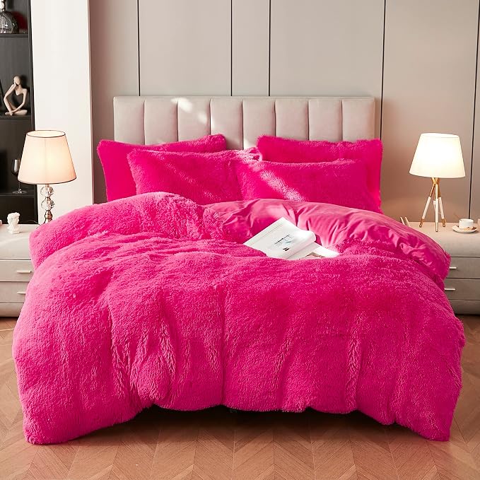 Faux Fur Velvet Fluffy Bedding Duvet Cover Set Down Comforter Quilt Cover with Pillow Sham, Ultra Soft Warm (Twin, Hot Pink)