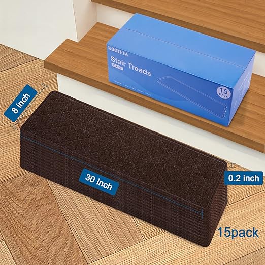 KOOTETA Stair Treads for Wooden Steps Indoor, 15 Pack 8" X 30" Non Slip Carpet Stair Treads with Reusable Adhesive for Kids Elders and Dogs, Surface Polyester TPR Backing Stair Rugs, Brown