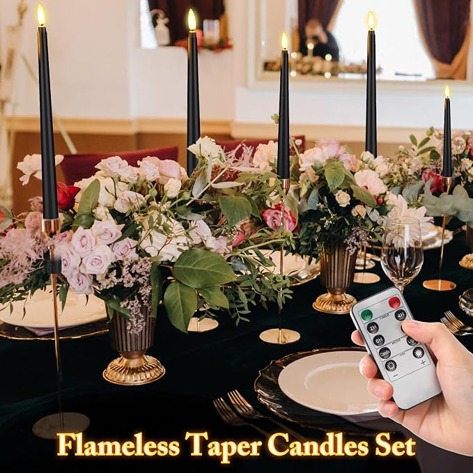Rossesay 28 Pcs Flameless Taper Candles with Timer Remote 4 Sizes of 8.5", 9.6", 10.83", 12.8" LED Flickering Taper Candles Battery Operated for Valentine's Day Church Wedding Home Decor(Black)