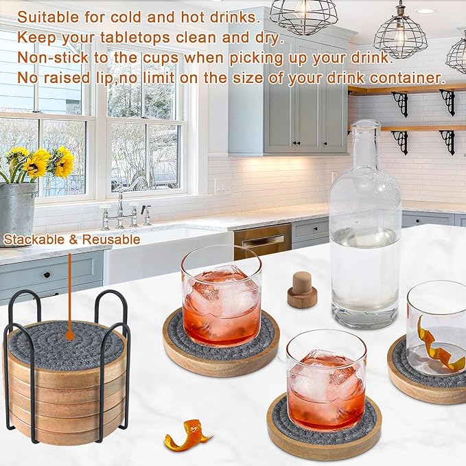 Eykao Coasters for Drinks Absorbent Sets of 8, Woven Coasters with Holder, Wood Coasters for Coffee Table, Housewarming Gift for Farmhouse Home Decor, 4 inches Gray