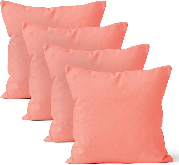Encasa XO Throw Pillow Covers 18x18 in Set of 4 Coral | No Inserts | Cotton Pillow Covers for Living Room, Bed, Sofa, Couch | Decorative Cushion Covers with Improved Zipper