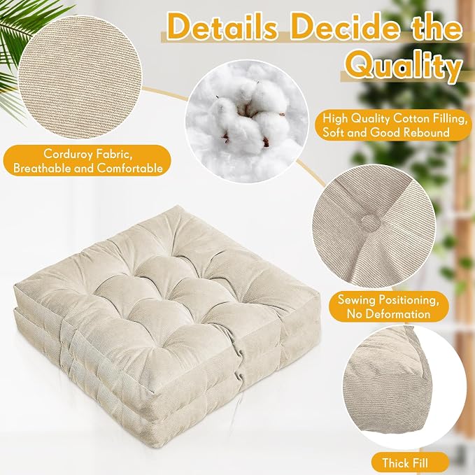 Jerify 4 Pcs Floor Pillow Cushions Large Round Square Large Meditation Floor Pillow for Classroom Adult Meditation Picnic Party Seating Learning Daycare School (Square,Beige)