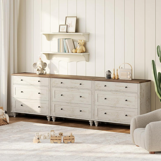 WAMPAT Kids Dresser for Bedroom with 9 Drawers, Baby Dressers with Wide Chest of Drawers, Farmhouse Wooden Closet Storage Organizer, Large Wood Dressers for Living Room, Nursery, Hallway, Rustic White