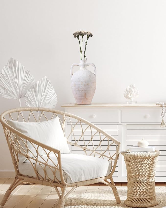 UPWOIGH 13.8in Ceramic Flower Vase with Handles | Off-White Finish, Handcrafted Weathered Texture, Rustic Farmhouse Style, Table Shelf Living Room Décor