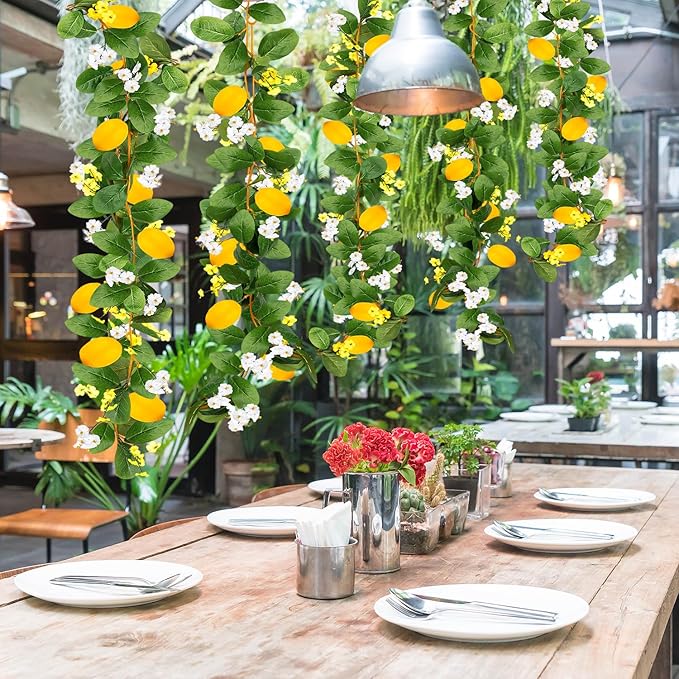 2 Pcs Artificial Lemon Flower Garland Vine, 14 Ft Fake Yellow Lemon Vines Silk Flowers Hanging Floral Garlands Decoration for Room Wall, Flower Themed Party, Wedding Supplies