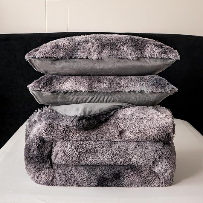 chovy Faux Fur Tie-Dyed Black Gray White Colorful Comforter Sets Twin - 3PC Bed Set Ultra Soft Plush Flannel Velvet Fluffy Fuzzy Bedding（Comforter x 1 Pillowcases x 2）