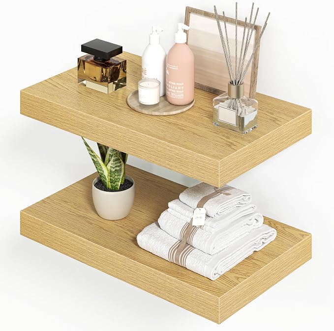 Heimlove 16 inchs Floating Shelves for Wall Set of 2,Shelf for Small Bathroom,Bedroom,Living Room,Kitchen,Modern Home Decor,Rustic Farmhouse Wall Shelves with Invisible Brackets,Oak