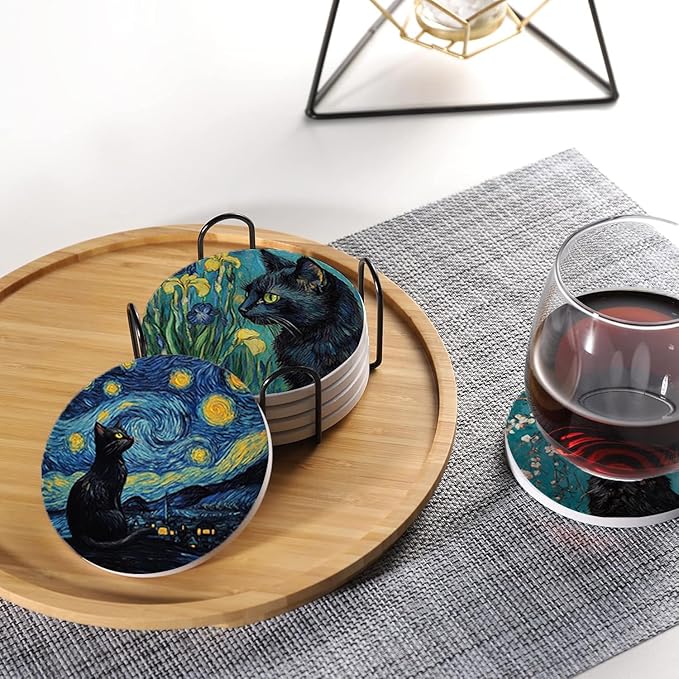 Drink Coasters for Drinks Set of 6, Art and Black Cat Absorbent Round Ceramic Stone Mat Coaster, with Cork Base and Metal Holder, Home Bar Decor House Warming Gift