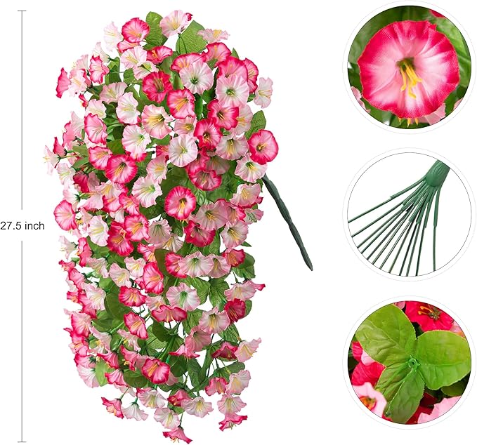 INXUGAO Artificial Fake Hanging Flowers Plants for Outdoor Decoration, 2PCS Faux Silk Morning Glory Long Vines Stems UV Resistant Look Real for Spring Summer Outside Home Porch Patio, Pink