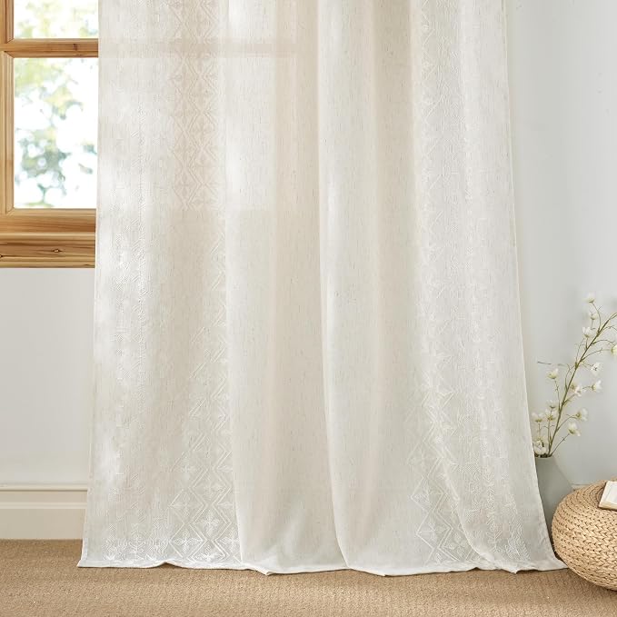 NICETOWN Embroidery Trim Linen Blended Curtains, W52 x L63, 2 Pcs | Ivory White and Cream, Bronze Grommet Top, Semi Sheer, View Block, For Nursery Window