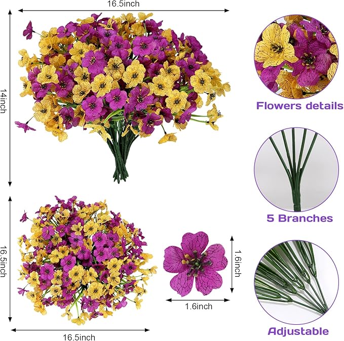 Geegoods Artificial Mums Flowers for Outdoors, 16 Bundles UV Resistant Fake Plastic Purple and Yellow Flowers for Patio Porch Spring Summer Decor