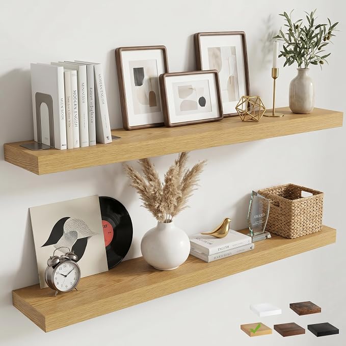 48 Inch Floating Shelves for Wall, 8"D Wood Storage Shelves, Oak Finish | Engineered Wood, Invisible Bracket, Large Storage, Easy Install, Hold Up to 77lbs, Living Room, Bathroom, Bedroom, Kitchen