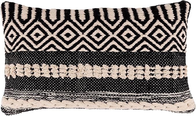 REDEARTH · Boho Textured Throw Pillow Cushion Covers - Cotton Lumbar Woven Tufted Decorative Farmhouse Cases Set for Couch, Sofa, Chair, Dining, Outdoor (12"x20", Char Delineate Black) Pack of 2