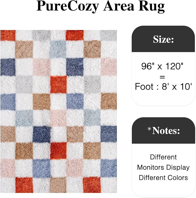 PureCozy Checkered Rug 8x10 for Living Room, Modern Rainbow Shag Rug Washable Non-Slip Large Area Rug Super Soft Indoor Fuzzy Carpet Fluffy Rugs for Bedroom Home Aesthetic Decor