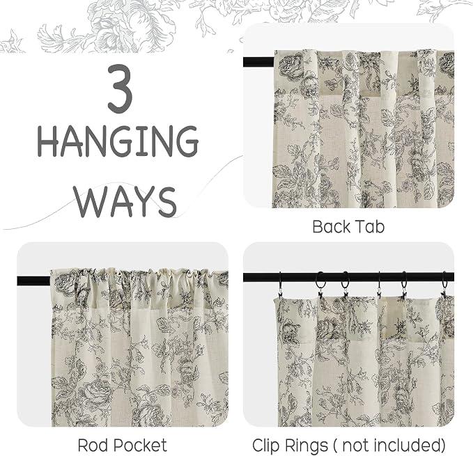 StangH Floral Linen Curtains 96 inches Long, Black Printed Bedroom Curtains Farmhouse Semi Sheer Window Drapes for Living Room Nursery, W52 x L96, 2 Panels