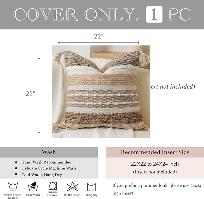BlissBlush Boho Decorative Throw Pillow Cover 22x22 Square Brown Accent Pillowcase Tassels Farmhouse Cushion for Couch Sofa Bedroom Livingroom Home Décor Cover ONLY (Pack of 1)