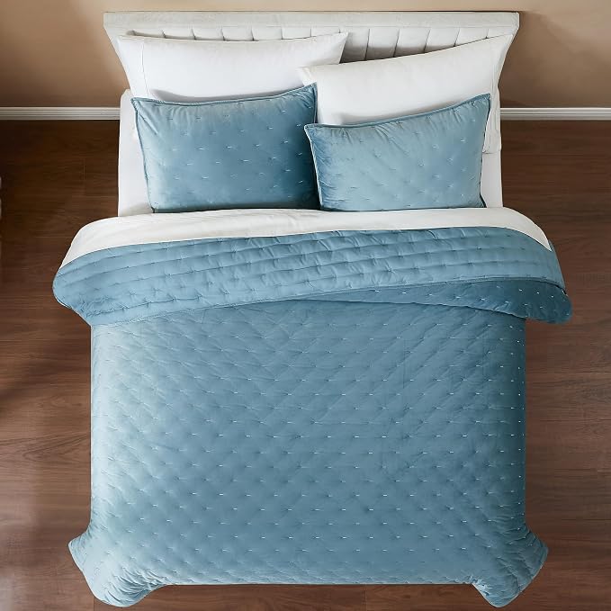Lush Decor - Quilt Set, 3-Piece Cozy Velvet Bedding with Matching Shams, Embroidered Stitch Design (Haven Blue, King/California King)