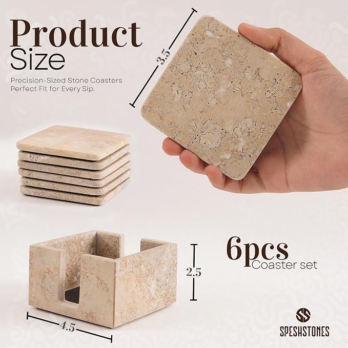 Marble Coasters Set of 6 Square 3.5 Inch Travertine Coaster for Drinks with Holder, Ideal Stone Drink Coasters for Gifts, Dining Table & Home Décor (Travertine Coasters with Holder)