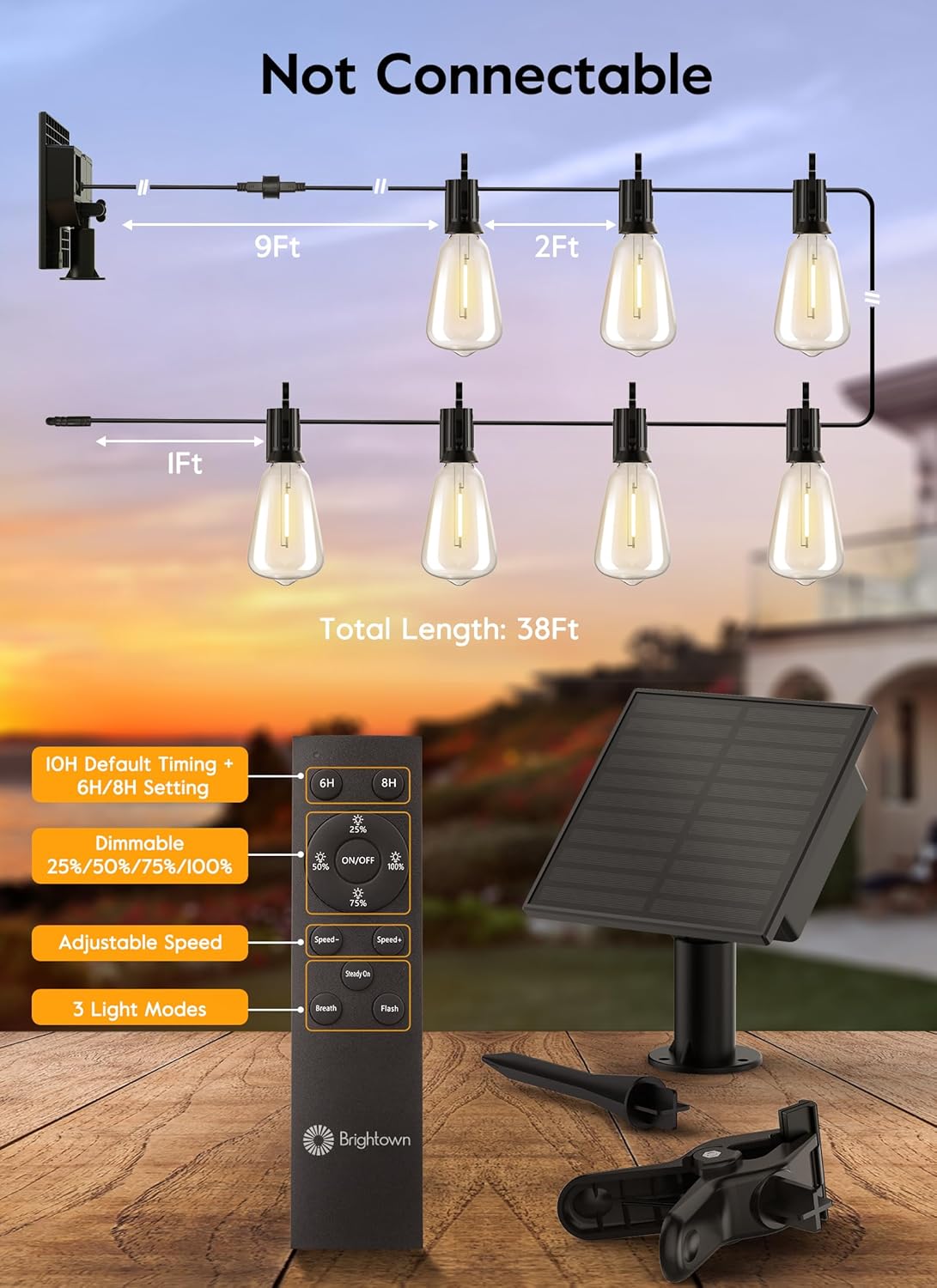 Brightown Solar String Lights Outdoor - 38FT Patio With Remote, 16 Shatterproof LED Bulbs, 3 Light Modes, Waterproof Hanging Solar for Outside Backyard Party Decor