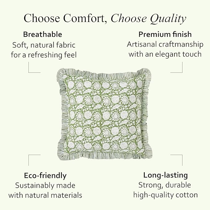 CPC Olive Bloom Hand Block Print 100% Cotton Ruffle Throw Pillow Cover 18x18 inch with Hidden Zipper Decorative for Couch, Bed, Sofa, Farmhouse, Cottagecore Decor Gift Christmas Fall Thanksgiving