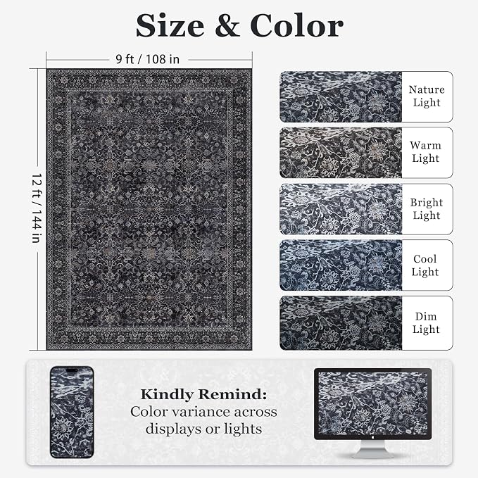 Vintage Dark Large Area Rugs 9x12 for Living Room, Earth Tone Big Room Carpet Rug for Bedroom Dining Room, Washable Carpet Rug with Rubber Backing Low Pile Thin Soft for Family Room, Midnight