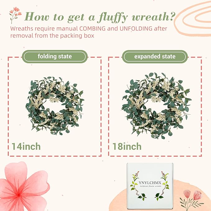 YNYLCHMX 18" Spring Summer Wreaths for Front Door, Artificial Floral Wreath with White Berries and Eucalyptus Leaves, Green Foliage Wreath for Wall Window Farmhouse Party Holiday Home Decor