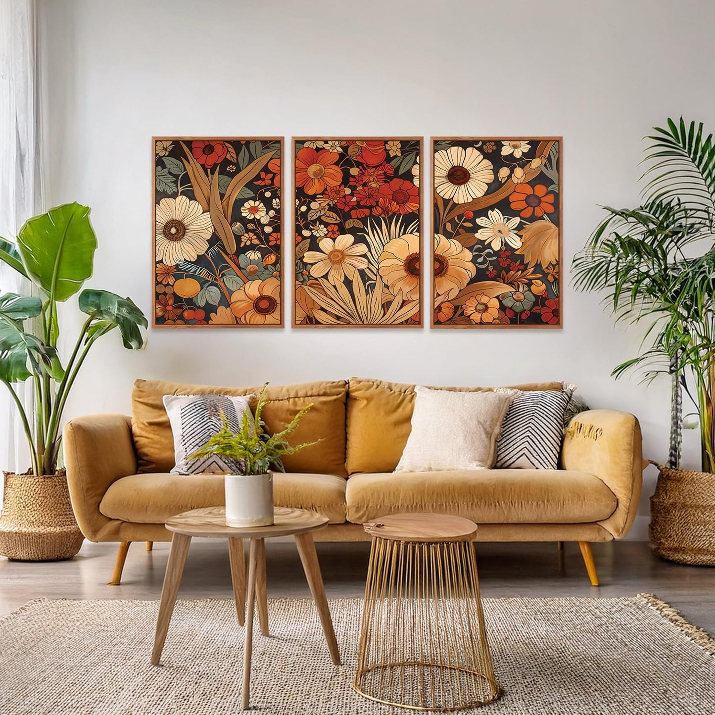 Aurlan Boho Burnt Orange Terracotta Wildflowers Framed Wall Art(24"x36"), 3 PCS Abstract Floral 3D Textured Canvas Artwork, Large Modern Vintage Botanical Nature Art Wall Decor for Home Office Living Room Bedroom