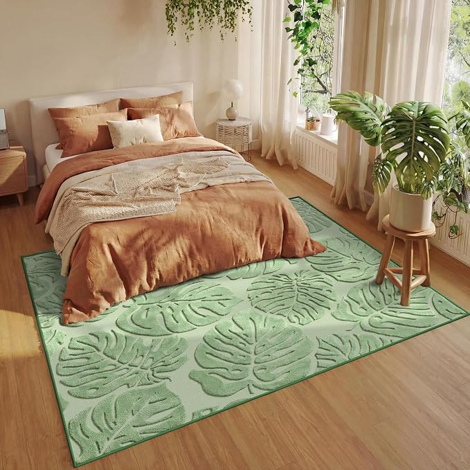 Sage Green Monstera Area Rug 5x7, High-Low Plush Pile Washable Rugs for Living Room Bedroom, Tropical Non Slip Nursery Carpet Soft Indoor Shag Rugs for Dining Room