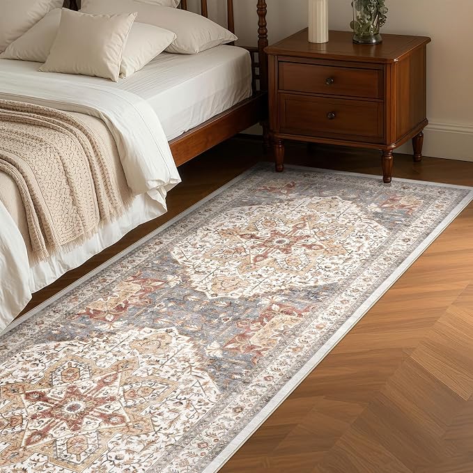 Tortania Area Rug 3x10 Runner Rugs - Washable Vintage Oriental Farmhouse Thin Indoor Carpet for Living Room Bedroom Hallway Entryway Kitchen Under Dining Table Home Office - Orange Multi