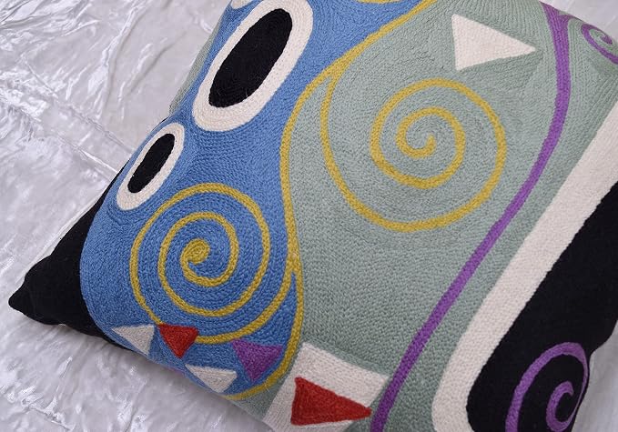 Klimt Blue Marine Modern Pillow Cover | Contemporary Chair Cushion | Blue Sofa Pillowcase | Modern Outdoor Pillows | Mid Century Chair Cushions | Hand Embroidered | Wool Size 18x18