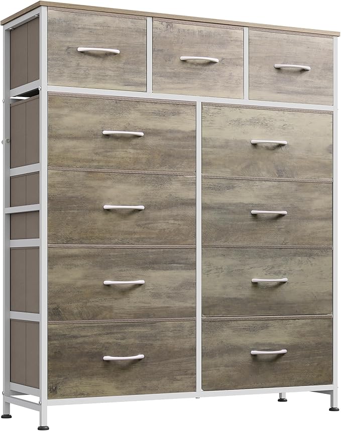 WLIVE Tall Dresser for Bedroom, Fabric Dressers Storage Tower, Dresser & Chest of Drawers Organizer Unit with 11 Drawers, Storage Cabinet, Hallway, Closets, Steel Frame, Wood Top, Greige