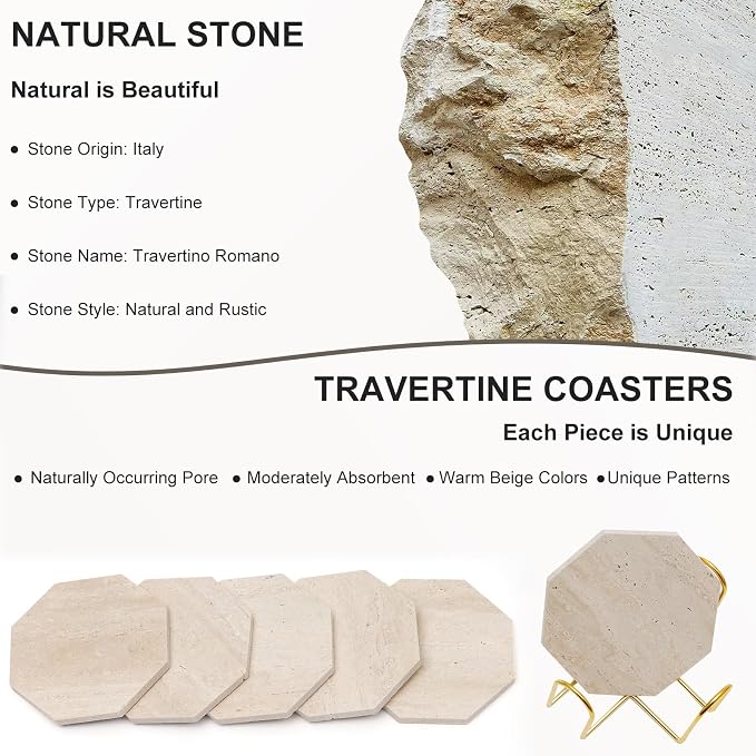 Octagonal Travertine Coasters Set of 6 with Holder, Farmhouse Rustic Neutral Stone Coaster for Home Table Decor, Porous Natural Travertine Absorbent Drink Coasters, Velvet Backed
