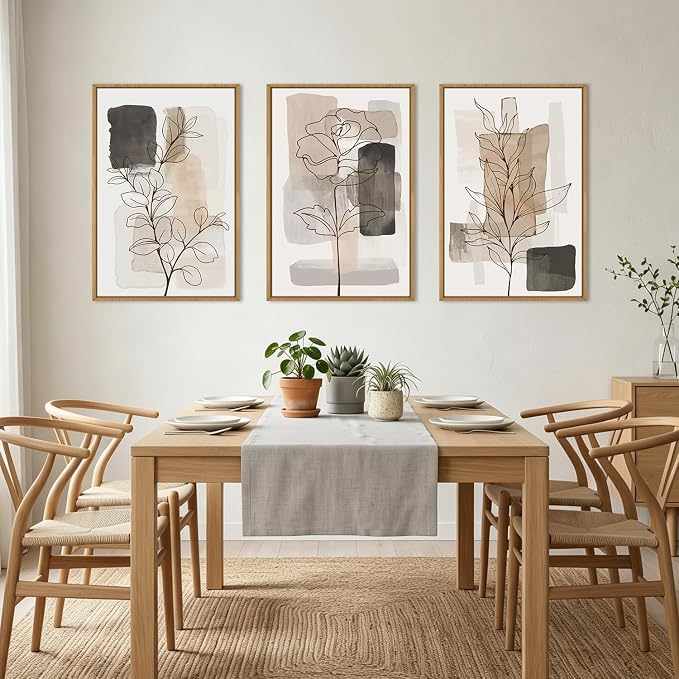 Anyzal Extra Large Neutral Floral Framed Wall Art 24x36 Inch Tan Modern botanical Canvas Wall Decor Minimalist Black Flower Prints for Living room Bedroom Dining room Set of 3