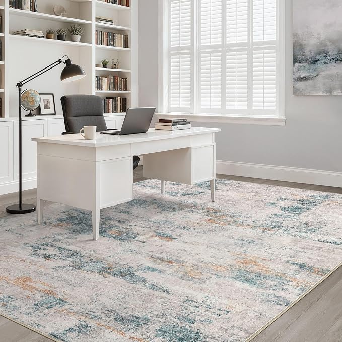 10x13 Area Rug Living Room: Washable Large Neutral Aqua Brown Rugs Abstract Soft Modern Stain Resistant Indoor Floor Non-Slip Carpet for Bedroom Nursery Kids Office Playroom Dining Room Under Table