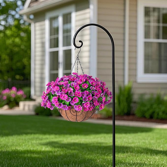 Ammyoo Artificial Hanging Flowers with Basket, Faux Silk Petunias Flower Arrangement, Coconut Lining with Morning Glories Fake Plants Patio Garden Porch Deck Spring Summer Decor(Lotus and Fuchsia)