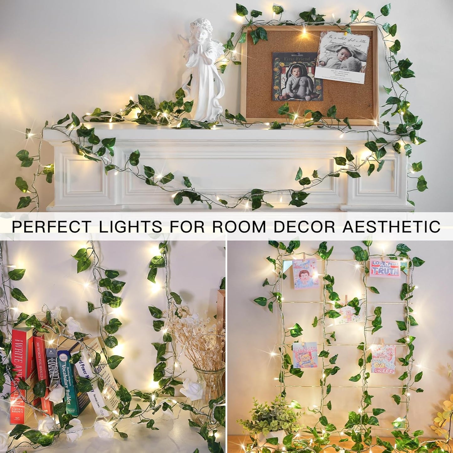 suddus Vine with Fairy Light Plug in, 33ft 100 LED Pothos String Lights Connectable with Remote, Leaf Lights for Bedroom, Room, Wall, Garden, Party, Wedding Decor (Warm White)