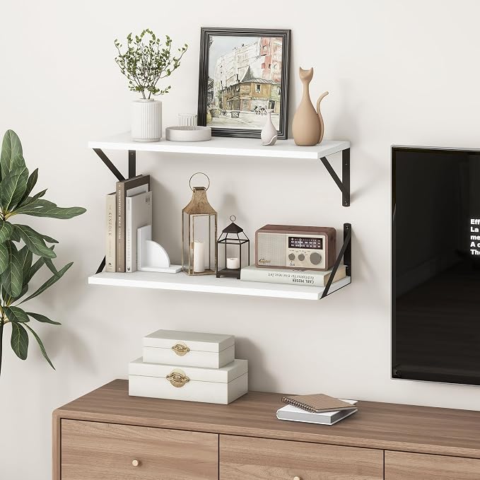 Deep White Floating Shelves for Wall, 24"W x 10"D Wall Shelves Set of 2, 10 Inch Deep Floating Shelf with Brackets, Wide Display & Storage Shelves for Books, Living Room, Kitchen, Bathroom