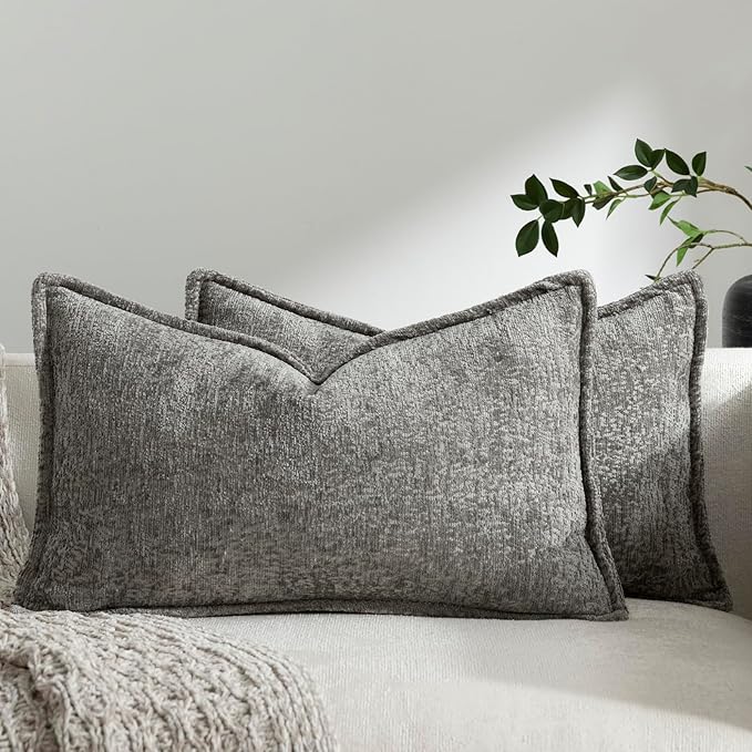DEZENE Pack of 2 Grey Decorative Throw Pillow Covers 12x20 Cozy Soft Chenille Accent Vintage Rectangular Lumbar Couch Pillow Covers for Home Decor Bed Sofa Living Room