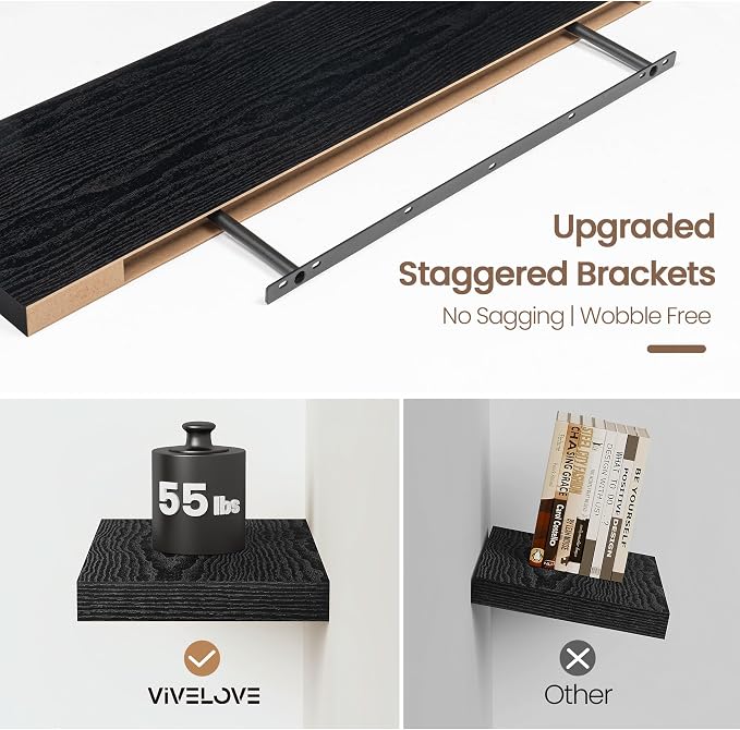 Vivelove 40 Inch Floating Shelves, Deep Wall Shelves with Invisible Brackets, Display Shlf for Bathroom Living Room Kitchen Bedroom Office Farmhouse Home Decor, 40" X 9.3" X 1.5" - Set of 2, Black