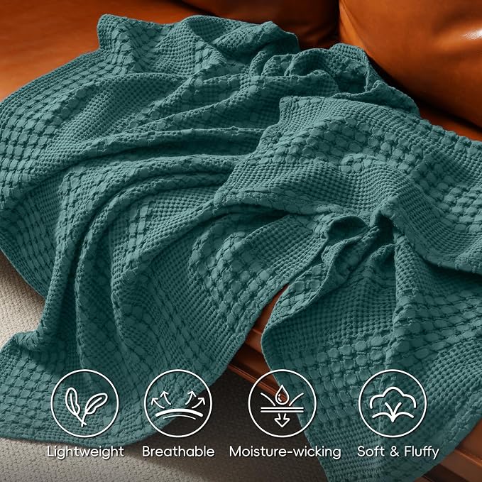 PHF 100% Cotton Waffle Blanket Twin Size for College Dorm, Lightweight Breathable and Soft for Summer, Luxury Aesthetic Waffle Weave Blanket for Bed & Gifts for Women, 66"x90", Teal