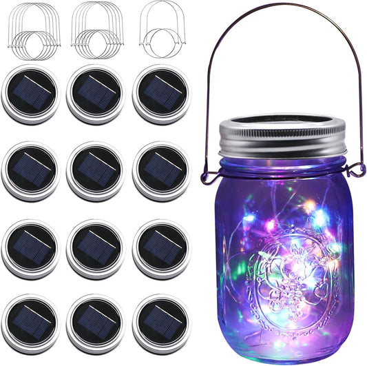Solar Mason Jar Lights [Upgraded], 12 Pack 30 LED Firefly Fairy String Lights, Waterproof Outdoor Solar Mason Jar Lid Lights with Hangers(NO JARS) for Patio Garden Yard Wedding Decoration - Multicolor