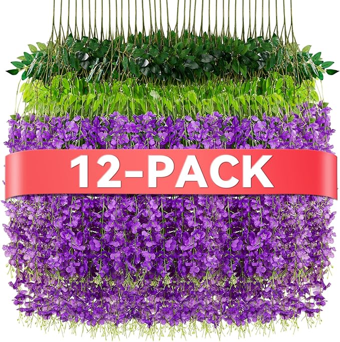 Alotiki Wisteria Hanging Flowers,12 Pack Fake Hanging Flowers,Wisteria Artificiales Garland for Home Wedding Arch Floral Party Garden Ceremony Outdoor Decor,3.6 Feet Long(12,Purple)