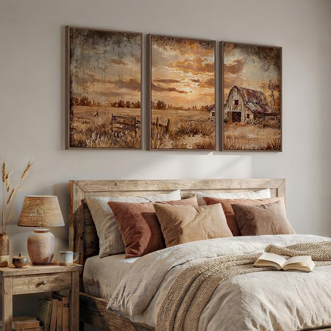 Large Farmhouse Landscape Wall Art for Living Room, Framed Vintage Country Sunset Canvas Prints Set of 3 , Retro Rustic Barn and Field Pictures for Bedroom Dining Room Hallway Office Wall Decor 20x30 Inch