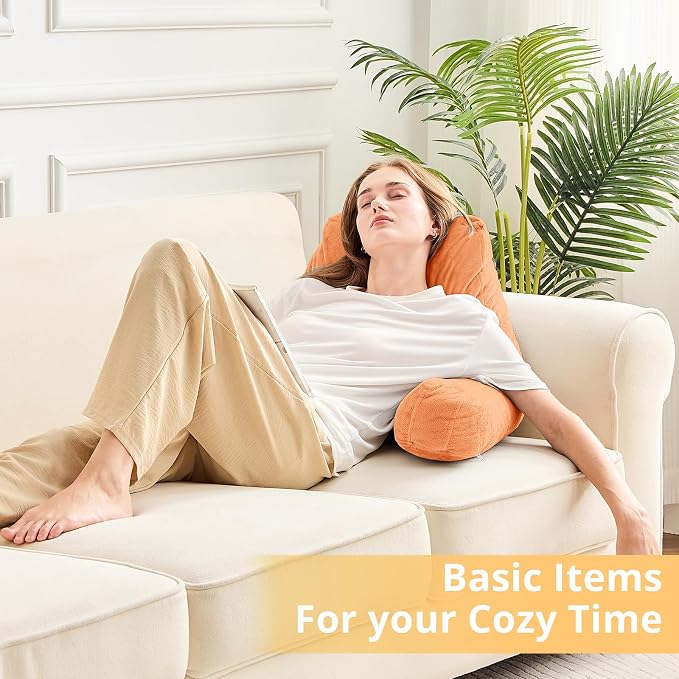 Sasttie Reading Pillow, Velvet Back Pillow for Bed Sitting Up, Adult Back-Rest Support Cushion with Arms for Sit Up on Couch, Sofa, and Floor, Dorm Essentials, Reading Accessories, Orange