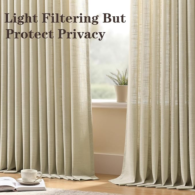 90 Inch Curtains Pinch Pleated Linen Curtain for Living Room, Floor to Ceiling Neutral Light Filtering Pleat Drapes Textured Thick Semi-Sheer Curtains with Hooks for Bedroom Farmhouse, 2 Panels